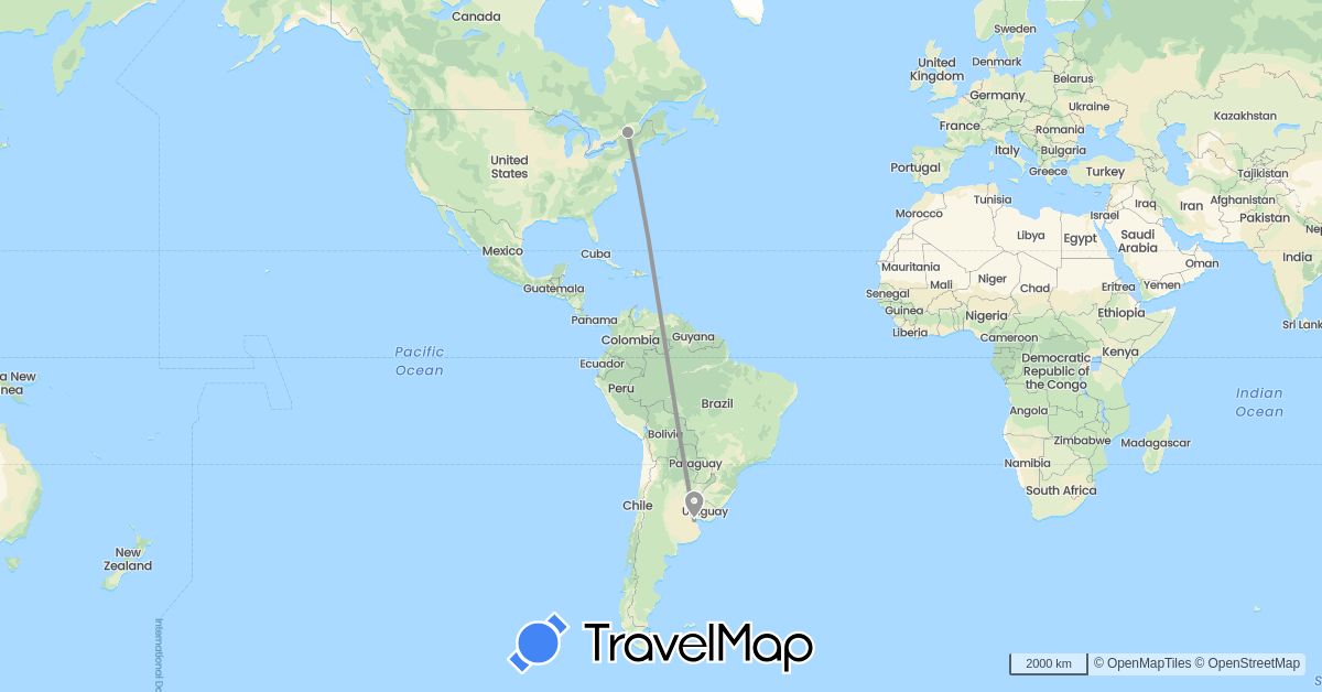 TravelMap itinerary: driving, plane in Argentina, Canada (North America, South America)